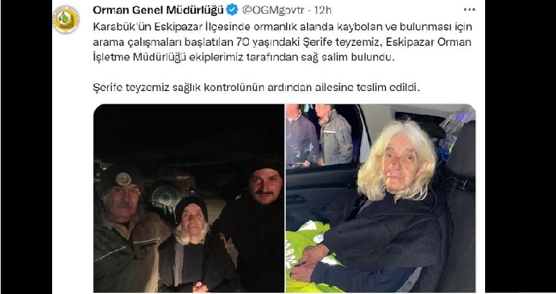 Orman Genel Müdürlüğü: “Teyzemiz sağ salim bulundu”