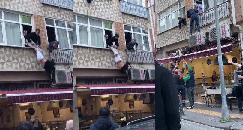 Kelepçelerle kaçan şahıs saklandığı evin camında asılı kaldı