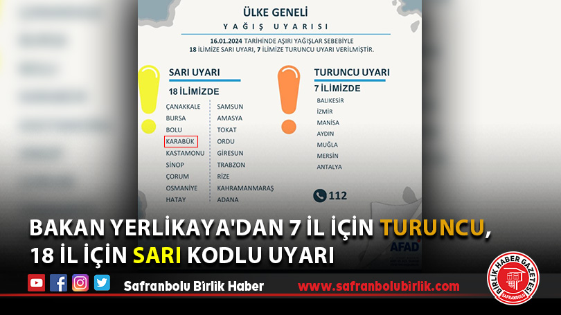 Bakan Yerlikaya’dan 7 il için turuncu, 18 il için sarı kodlu uyarı