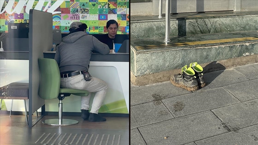 Yozgat’ta inşaat işçisi banka şubesine çamurlu ayakkabısını çıkarıp girdi