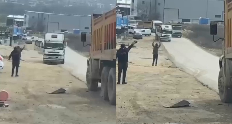 Freni boşalan kamyon böyle harekete geçti