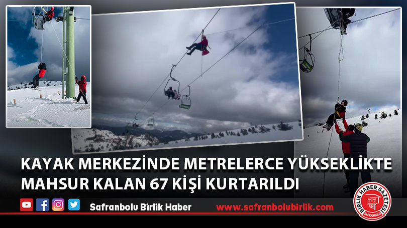 Kayak merkezinde metrelerce yükseklikte mahsur kalan 67 kişi kurtarıldı