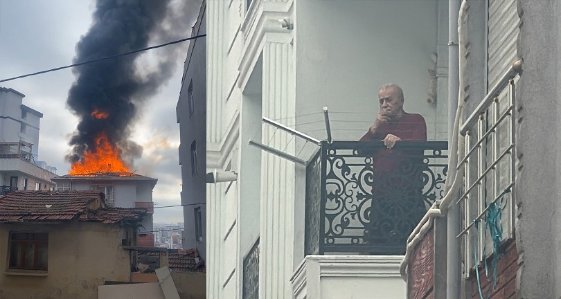 Çatı yanarken balkonda sigara içti