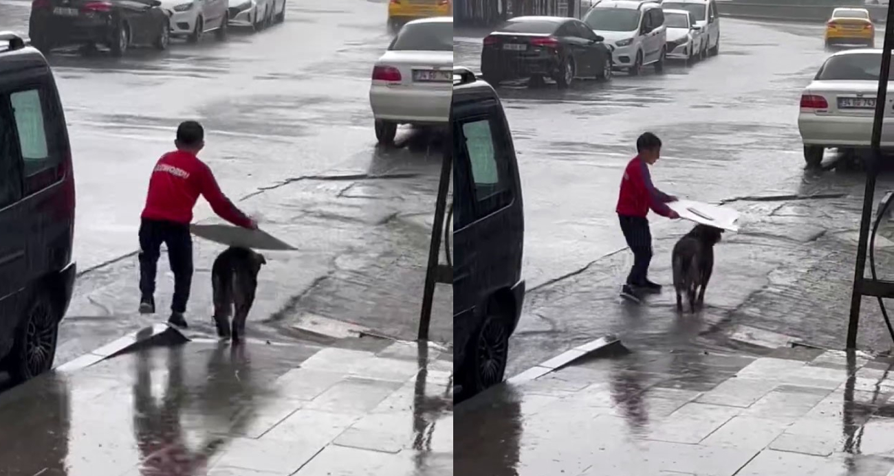 Küçük çocuktan yağmur altında insanlık dersi