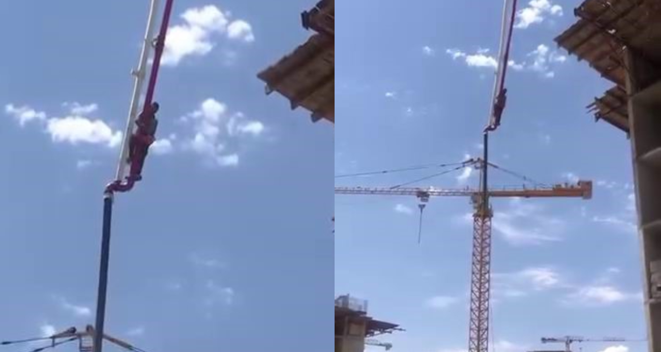 Metrelerce yükseklikten iş makinesinin hortumuna tutunarak indi