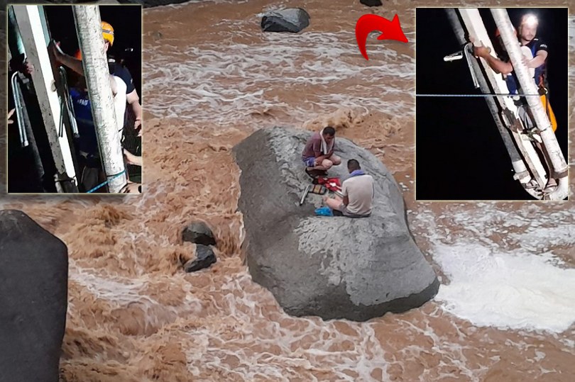 Derenin ortasında mahsur kalan 2 kişi beton pompası ile kurtarıldı