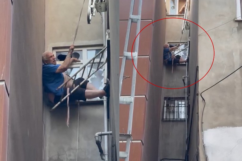 film gibi olay: Çatıdan düşen adam havada asılı kaldı