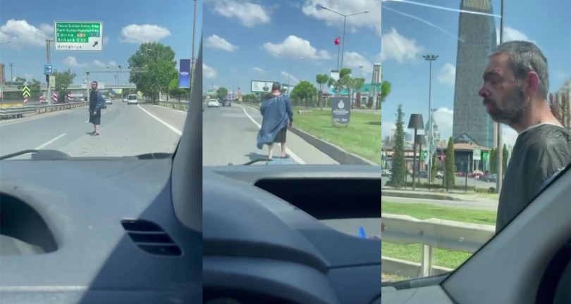 Ataşehir E-5 karayolunda üzerinde ameliyathane önlüğüyle metrelerce yürüdü