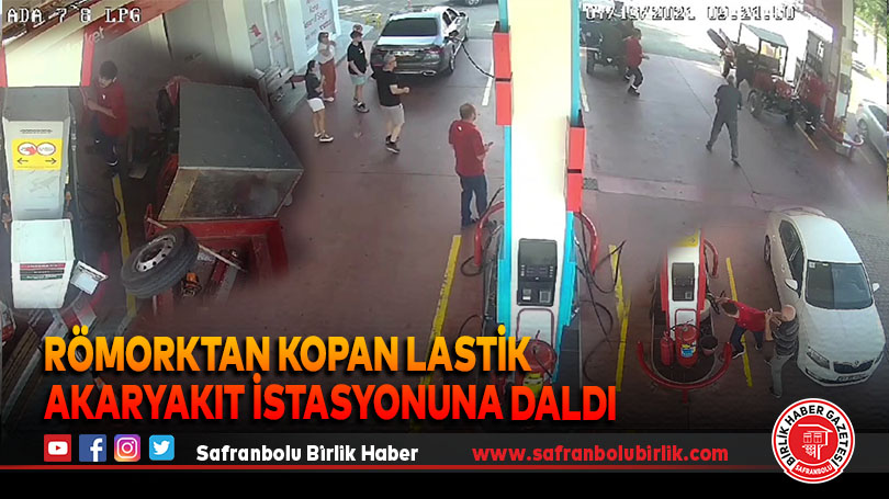 Römorktan kopan lastik akaryakıt istasyonuna daldı