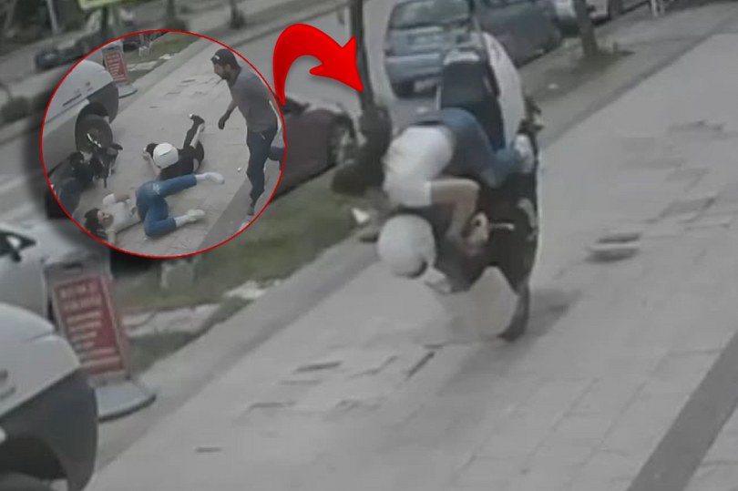 Kaldırım taşı kalkınca motosikletteki genç kızlar yere çakıldı