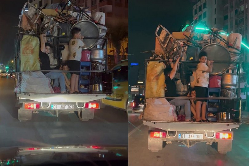Eşya yüklü kamyonetteki çocukların tehlikeli yolculuğu