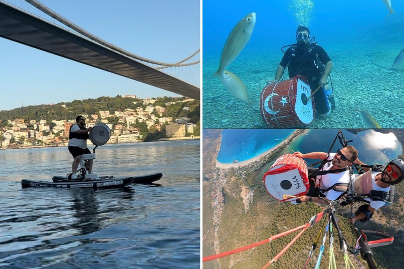 Çılgın davulcu sınır tanımıyor: Şimdi de suyun üzerinde davul çaldı