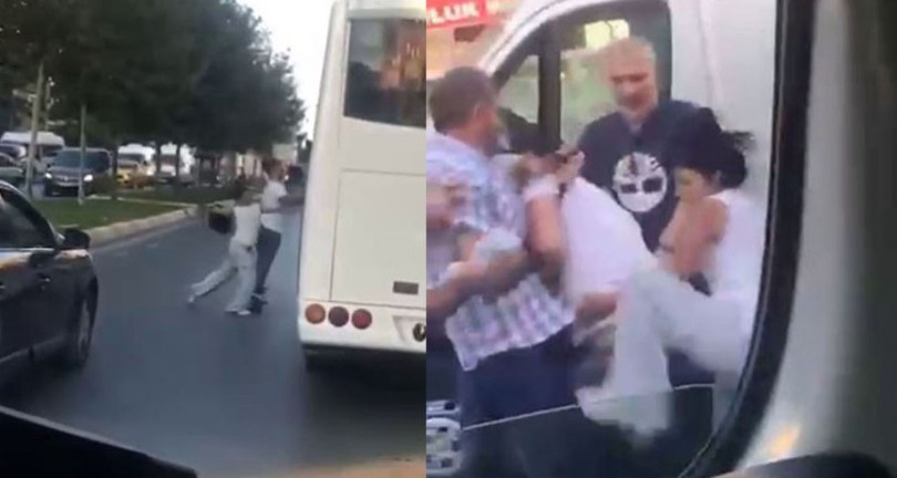 Esenyurt’ta motosikletli bir çift kendilerini sıkıştıran servis aracına kaskla saldırdı