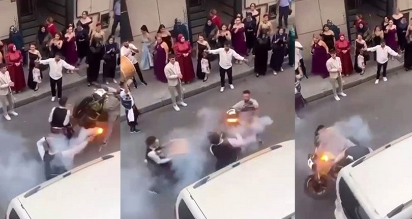 Düğün konvoyunda davulcuya motosiklet çarptı: O anlar kamerada