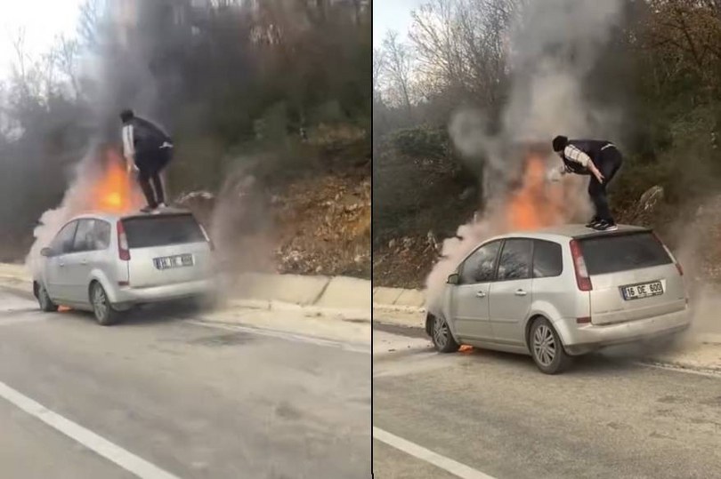 Otomobil alev topuna döndü, canını hiçe sayıp yangını söndürmeye çalıştı