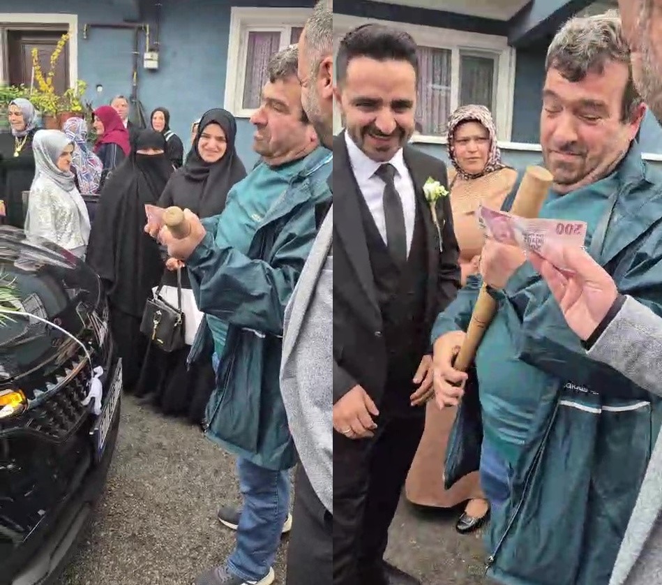 Sopayla gelin arabasının önünü kesip bahşiş aldı