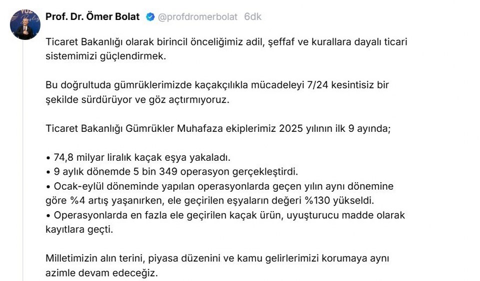 Bakan Bolat açıkladı: Gümrükler Muhafaza ekipleri ilk 9 ayda 74,8 milyar liralık kaçak eşya ele geçirdi