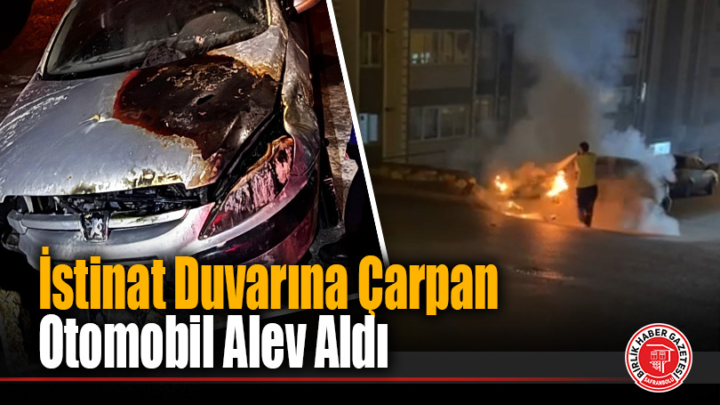 İstinat Duvarına Çarpan Otomobil Alev Aldı
